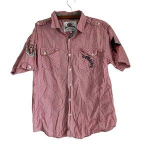 y2k Ed Hardy Mens Red Plaid Embroidered Short Sleeve Button Shirt Large